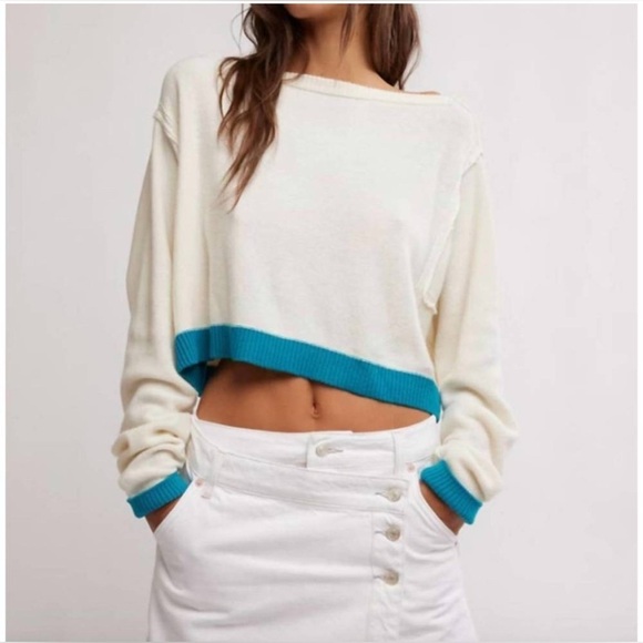 Free People Sweaters - Free People Into the Blue Wool Blend Crop Sweater in Tropical Blue Combo Medium